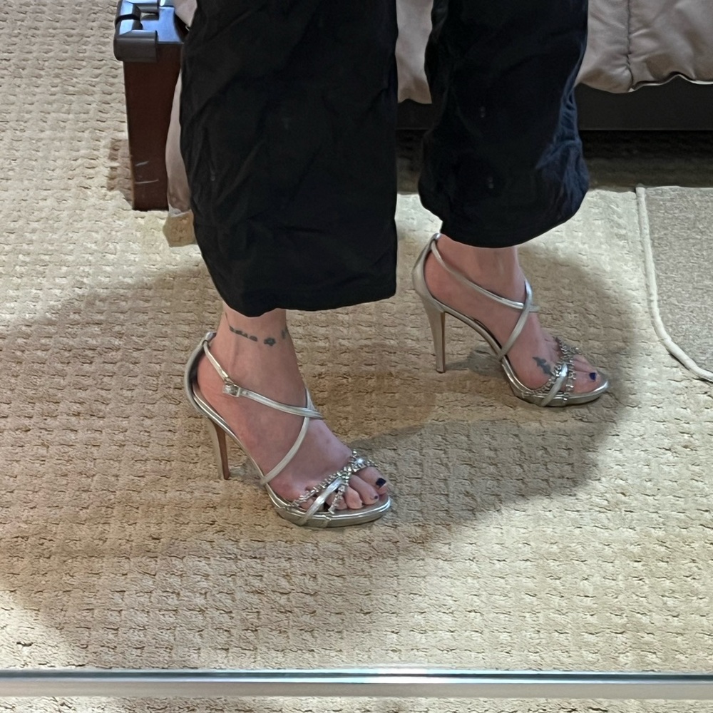 Badgley Mischka Rhinestone Embellished Ankle Strap Heels.